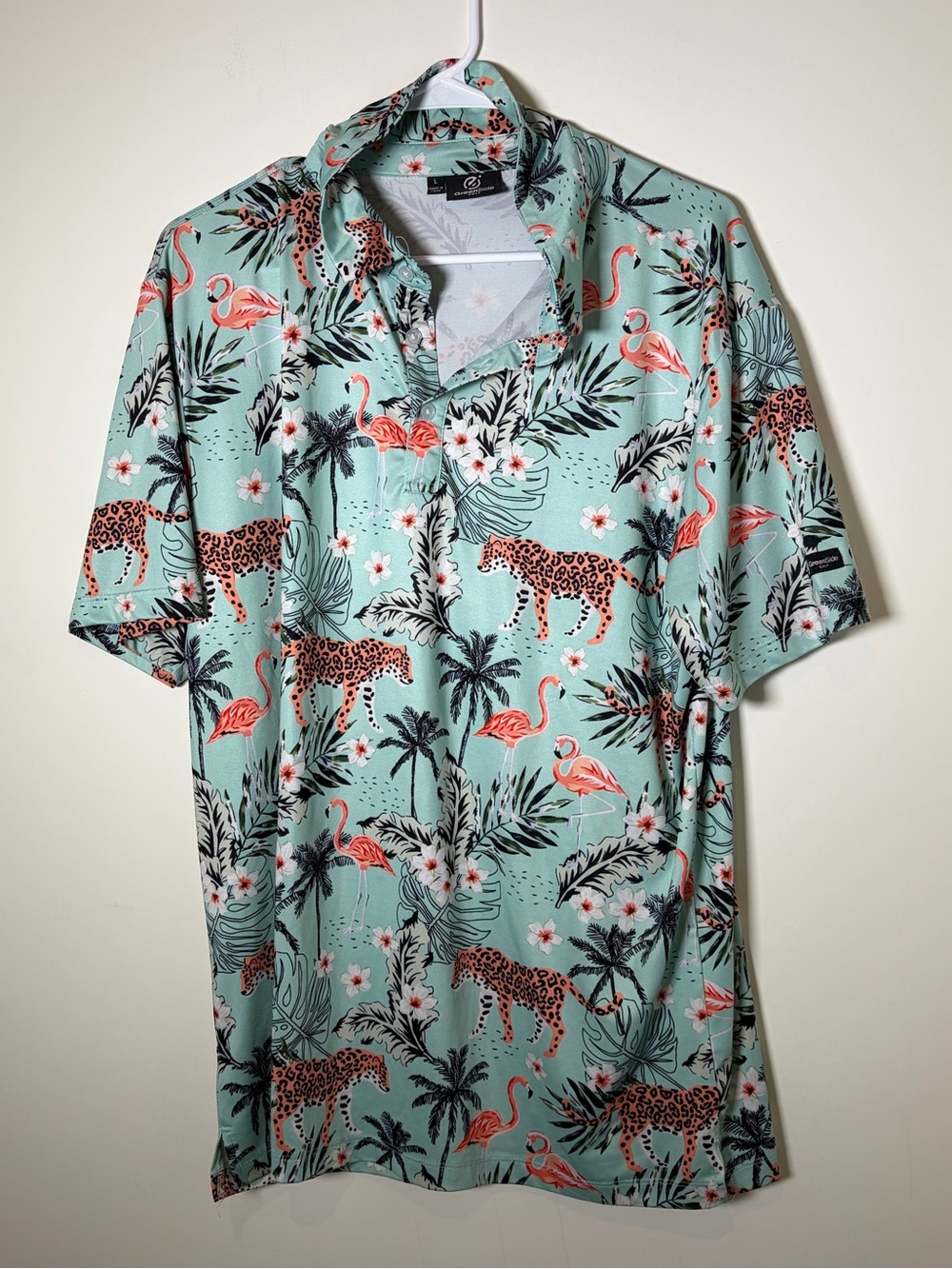 Men's Large Greenside Golf Tropical Print Polo - Mint with Coral Accents